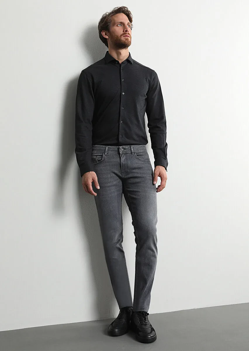 Grey Slim Fit Denim Cotton Blended Trousers - 4