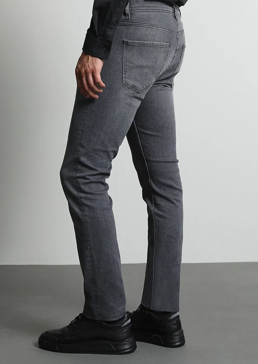 Grey Slim Fit Denim Cotton Blended Trousers - 5