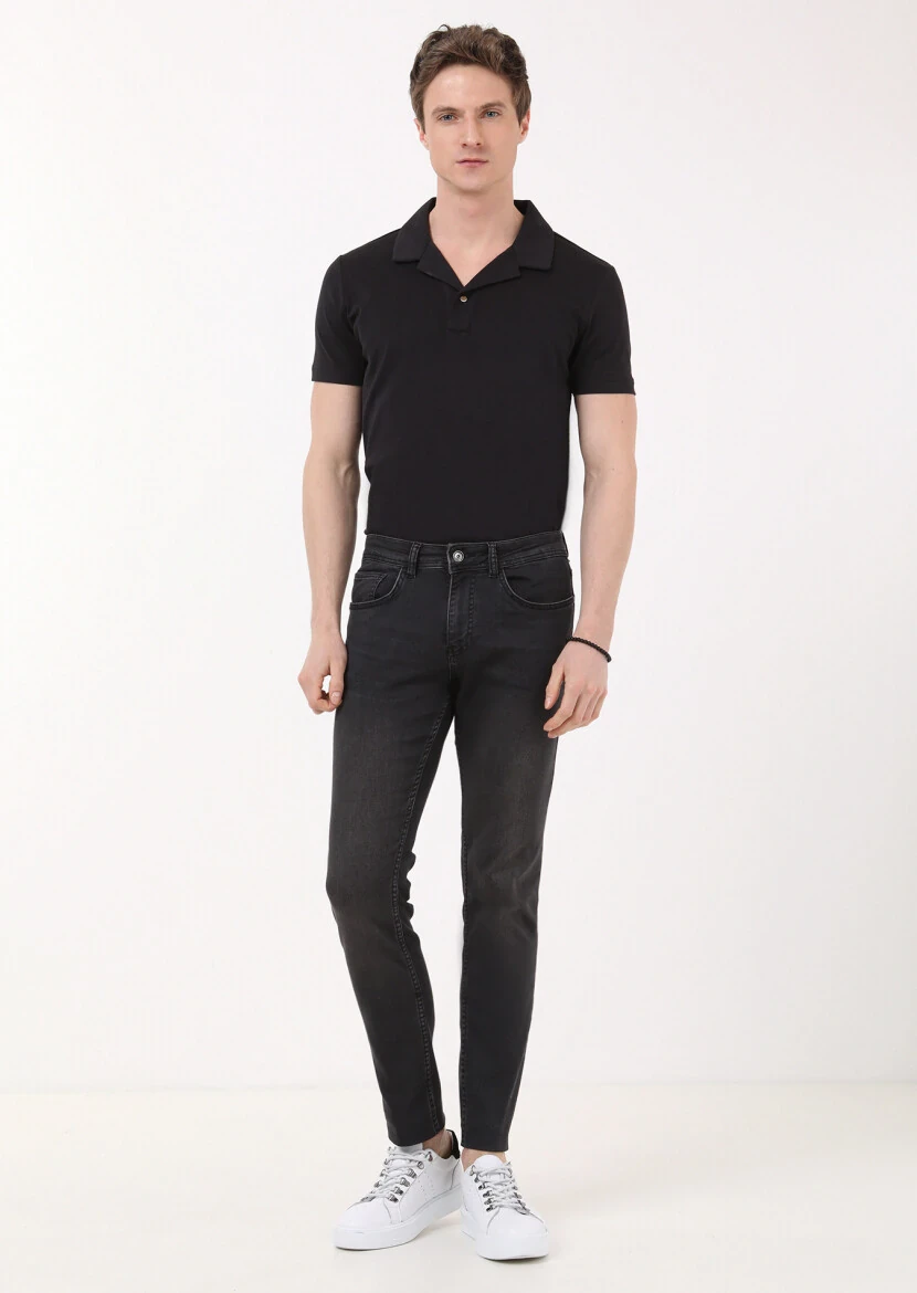 Grey Slim Fit Denim Cotton Blended Trousers - 1