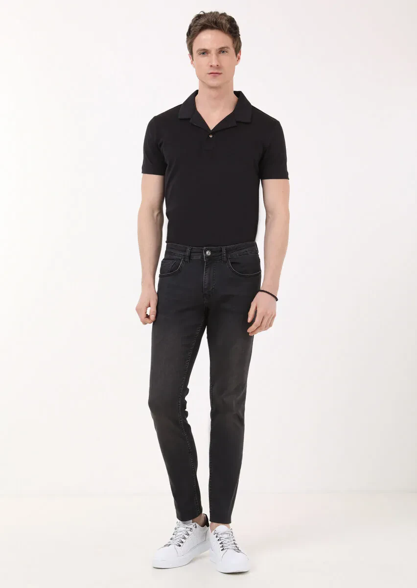 Grey Slim Fit Denim Cotton Blended Trousers - 1