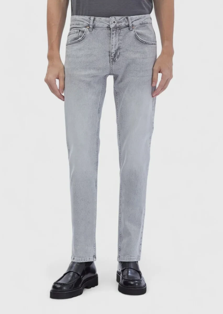Grey Slim Fit Denim Cotton Blended Trousers - 2