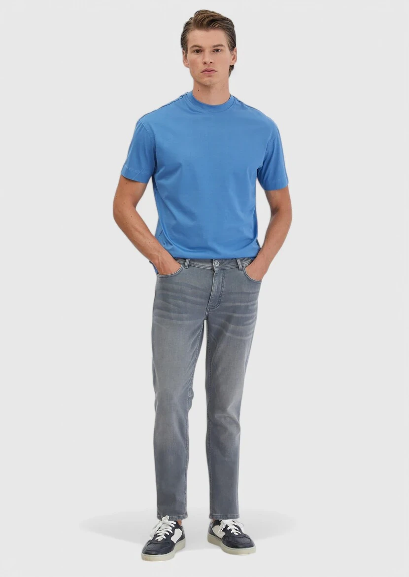 Grey Slim Fit Denim Cotton Blended Trousers - RAMSEY