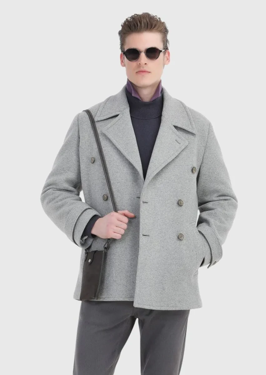 Grey Slim Fit Double Breasted Collar Casual Knitting Overcoat - 4