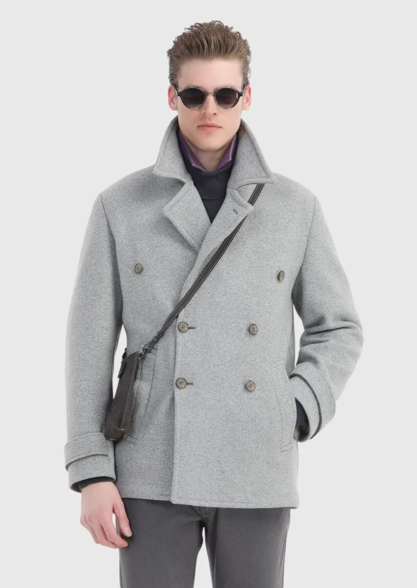 Grey Slim Fit Double Breasted Collar Casual Knitting Overcoat - 5