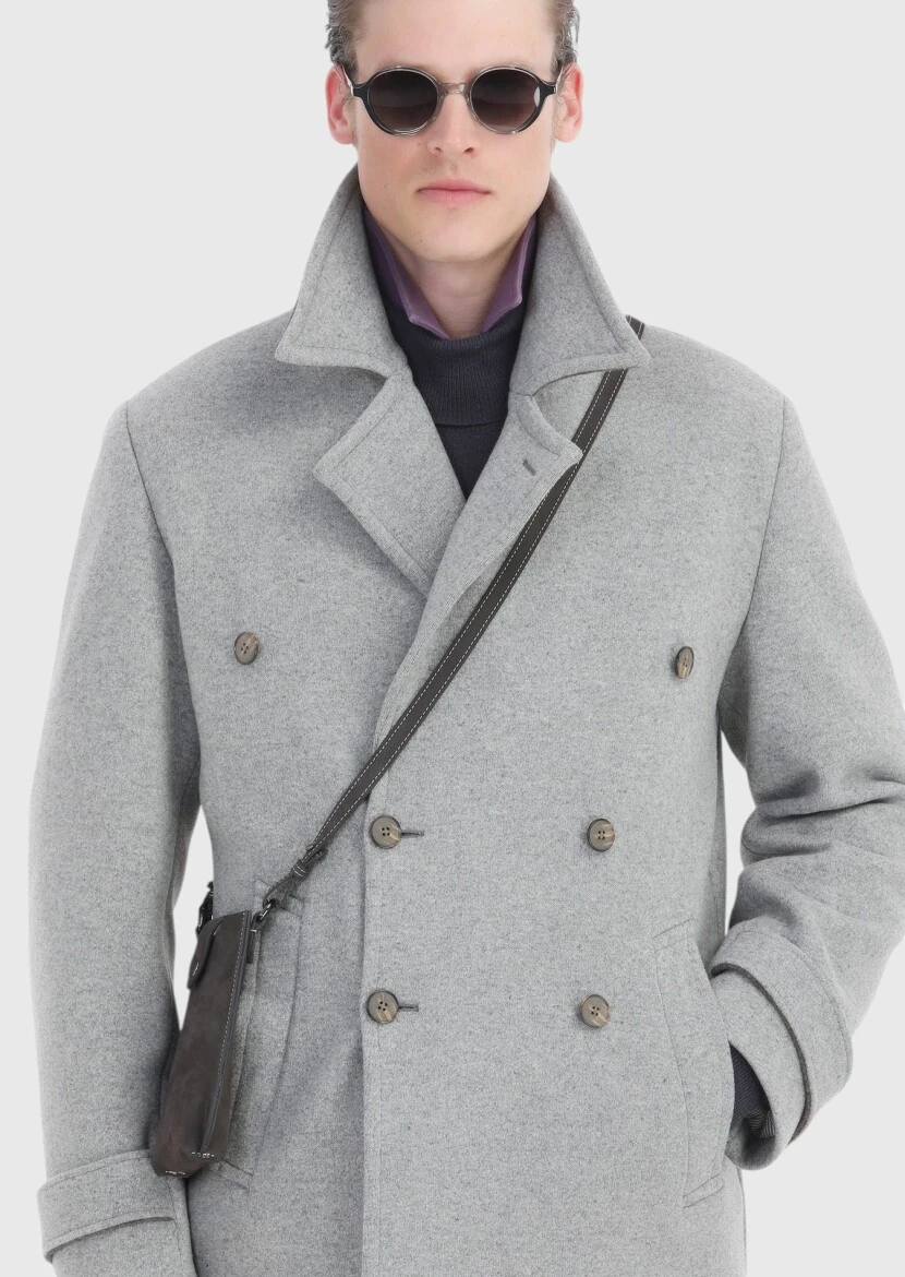 Grey Slim Fit Double Breasted Collar Casual Knitting Overcoat - 6