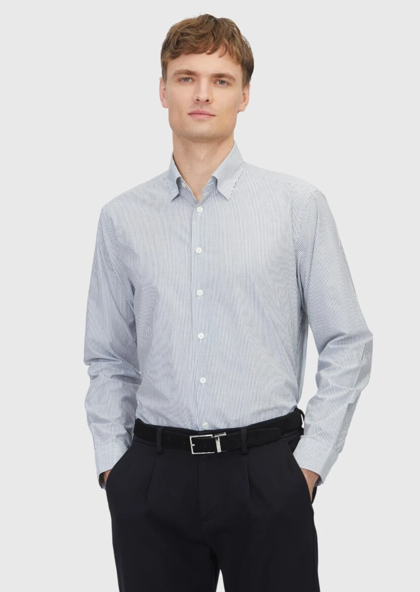 Grey Striped Casual Fit Weaving Casual 100% Cotton Shirt - RAMSEY