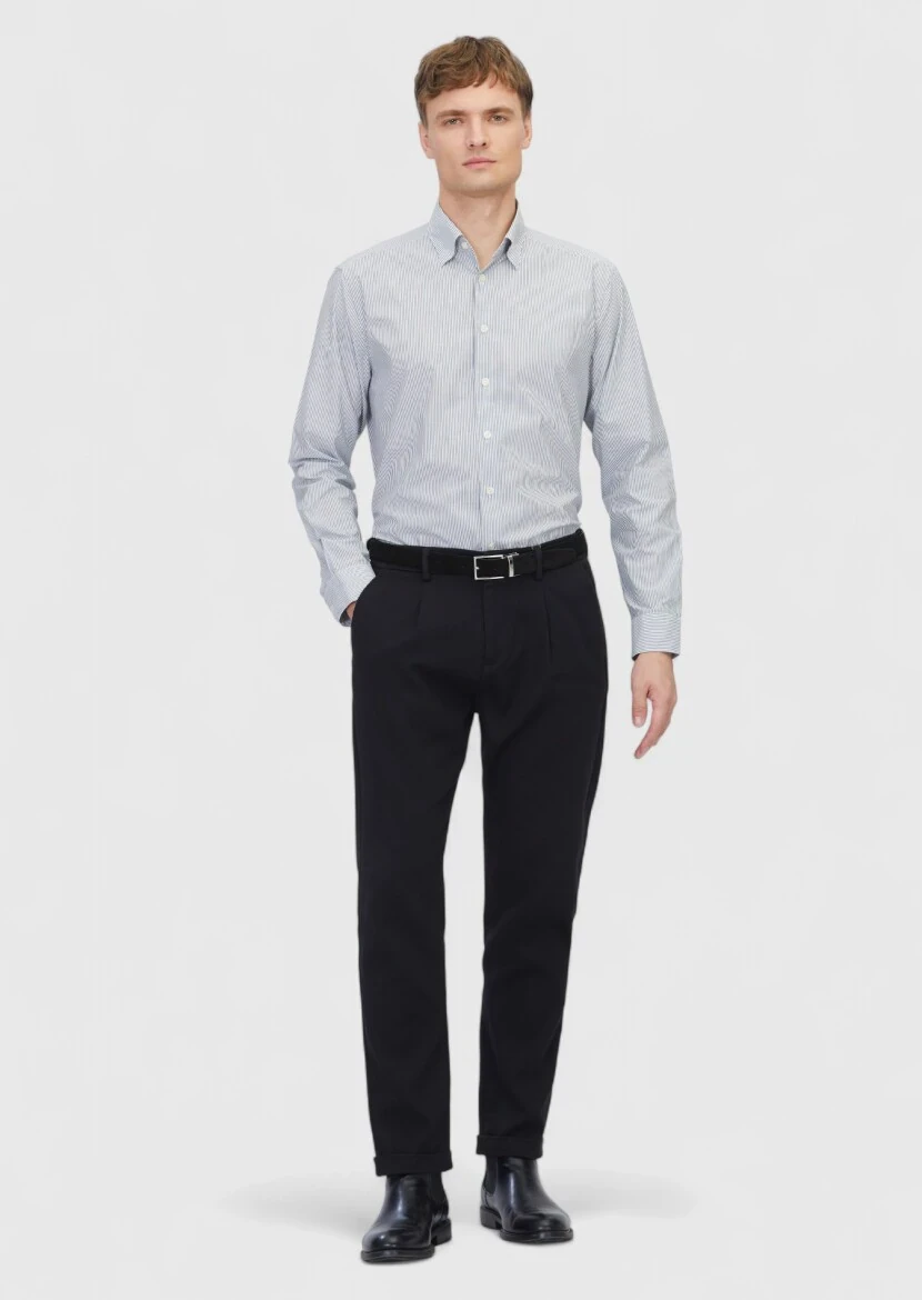 Grey Striped Casual Fit Weaving Casual 100% Cotton Shirt - RAMSEY