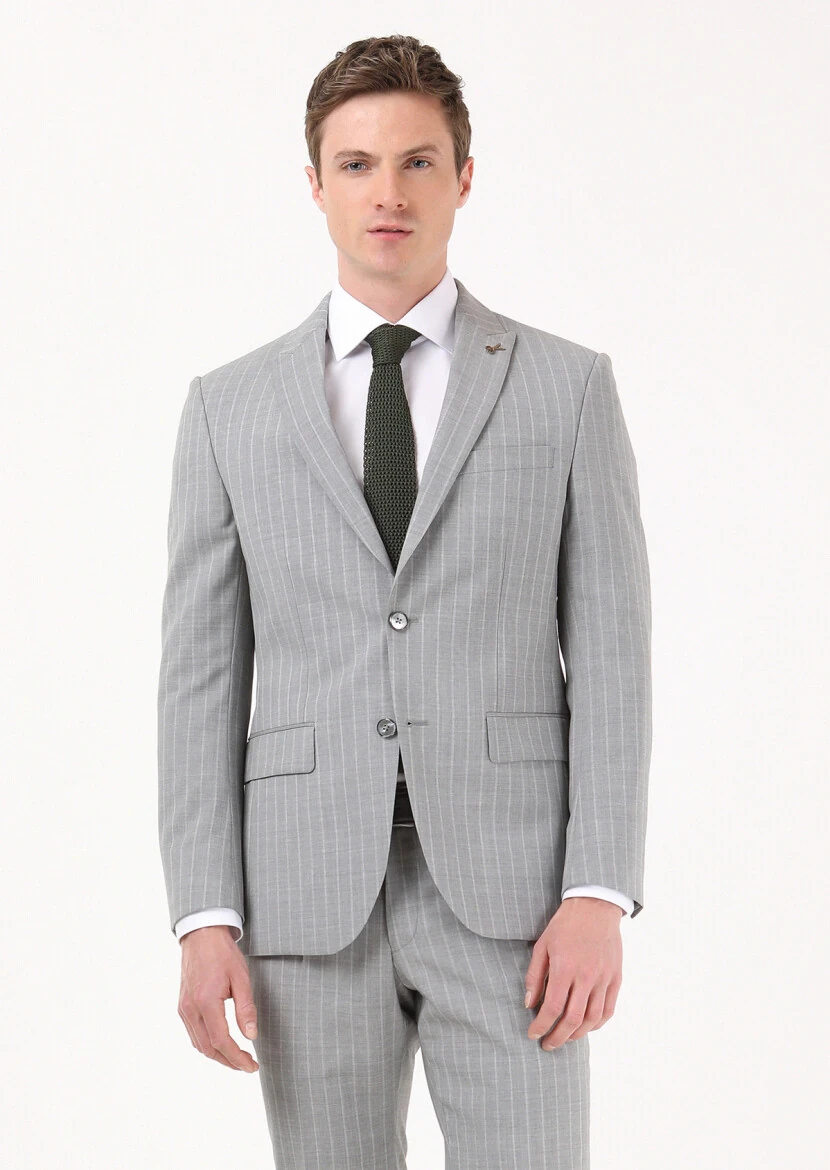 Grey Striped Modern Fit 100% Wool Suit - 1