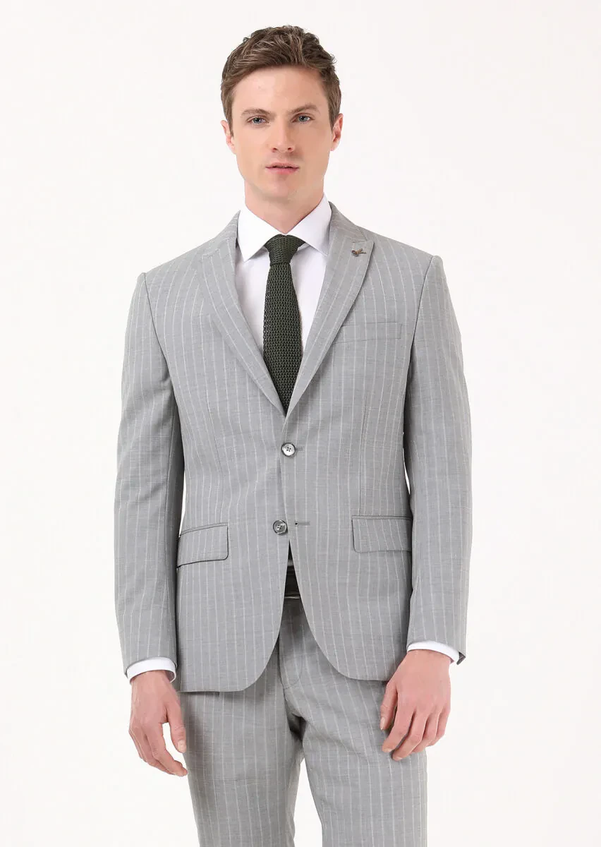 Grey Striped Modern Fit 100% Wool Suit - 1