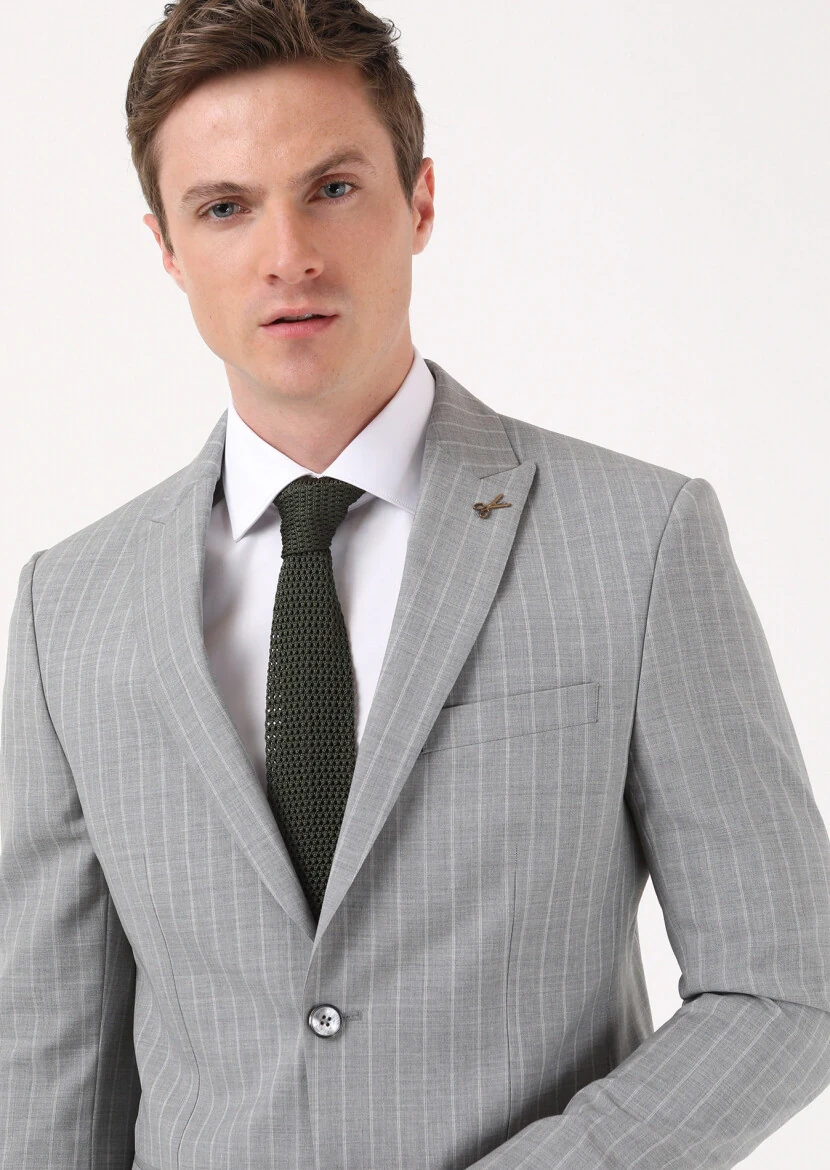 Grey Striped Modern Fit 100% Wool Suit - 2