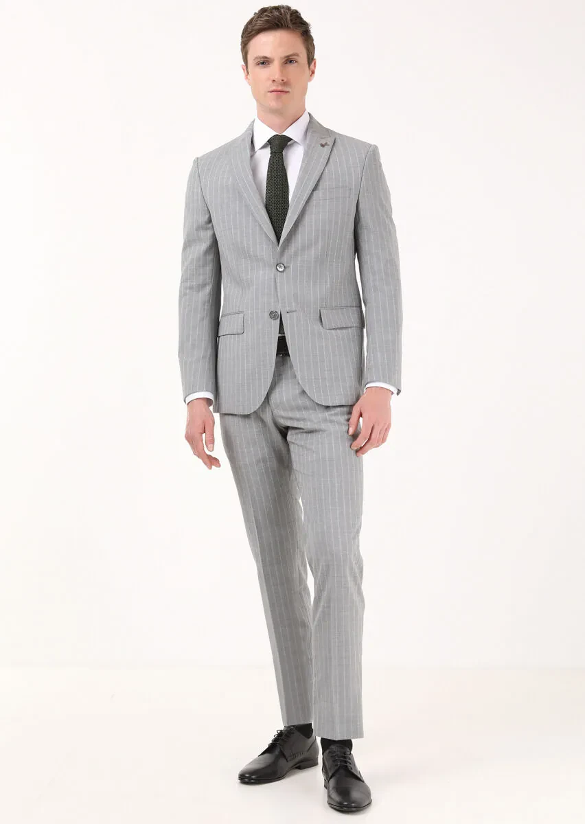Grey Striped Modern Fit 100% Wool Suit - 3