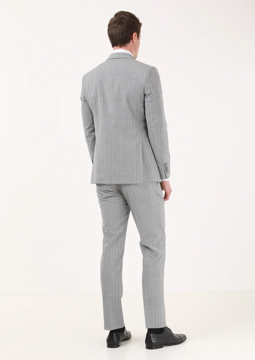 Grey Striped Modern Fit 100% Wool Suit - 4