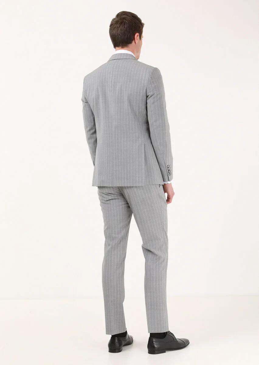Grey Striped Modern Fit 100% Wool Suit - 4