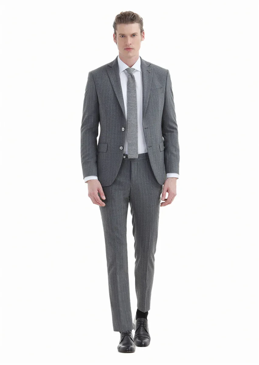 Grey Striped Modern Fit Wool Blended Suit - 1