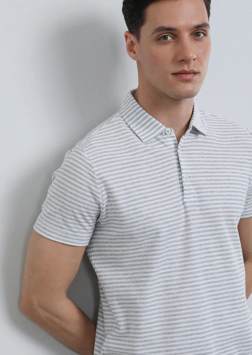 Grey Striped Polo Neck 100% Cotton T-Shirt - 2