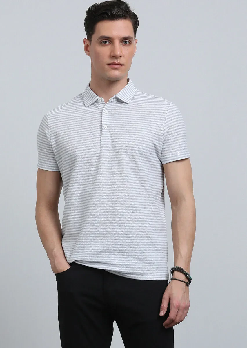 Grey Striped Polo Neck 100% Cotton T-Shirt - 3
