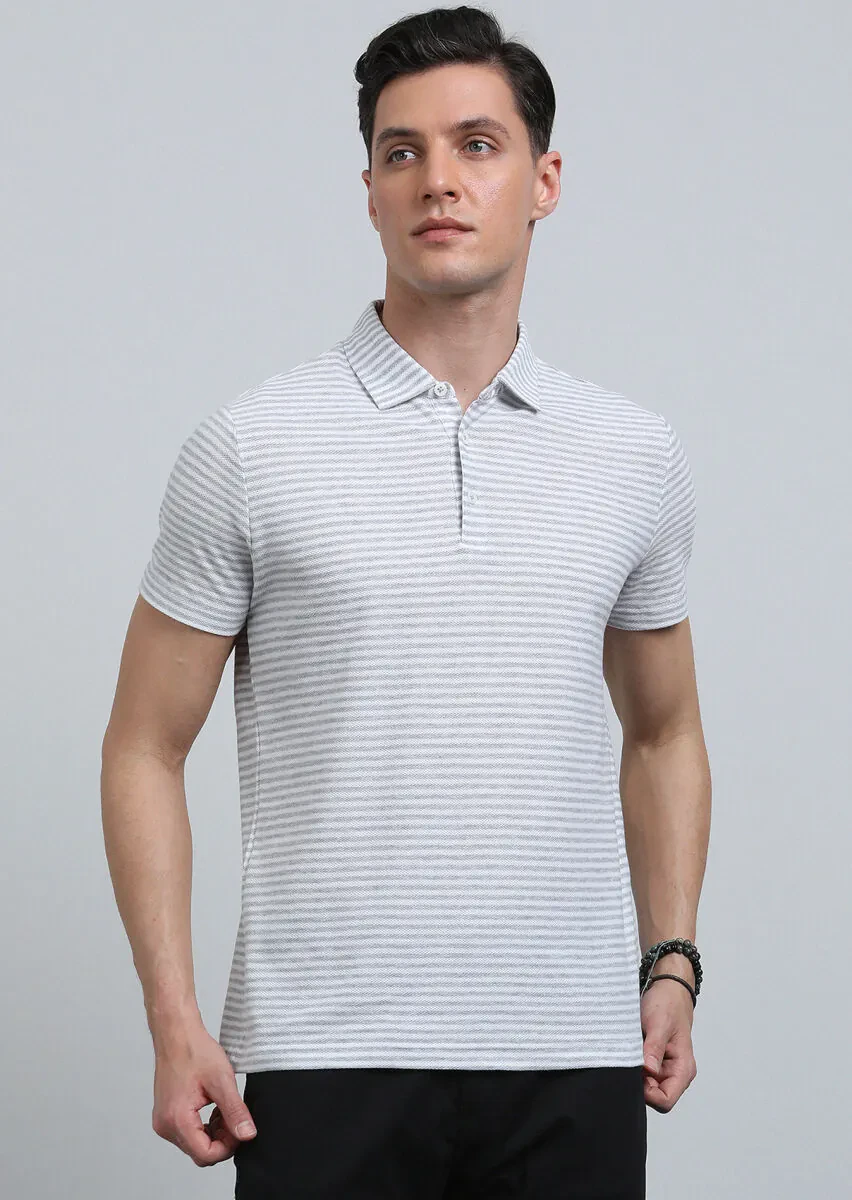 Grey Striped Polo Neck 100% Cotton T-Shirt - 4