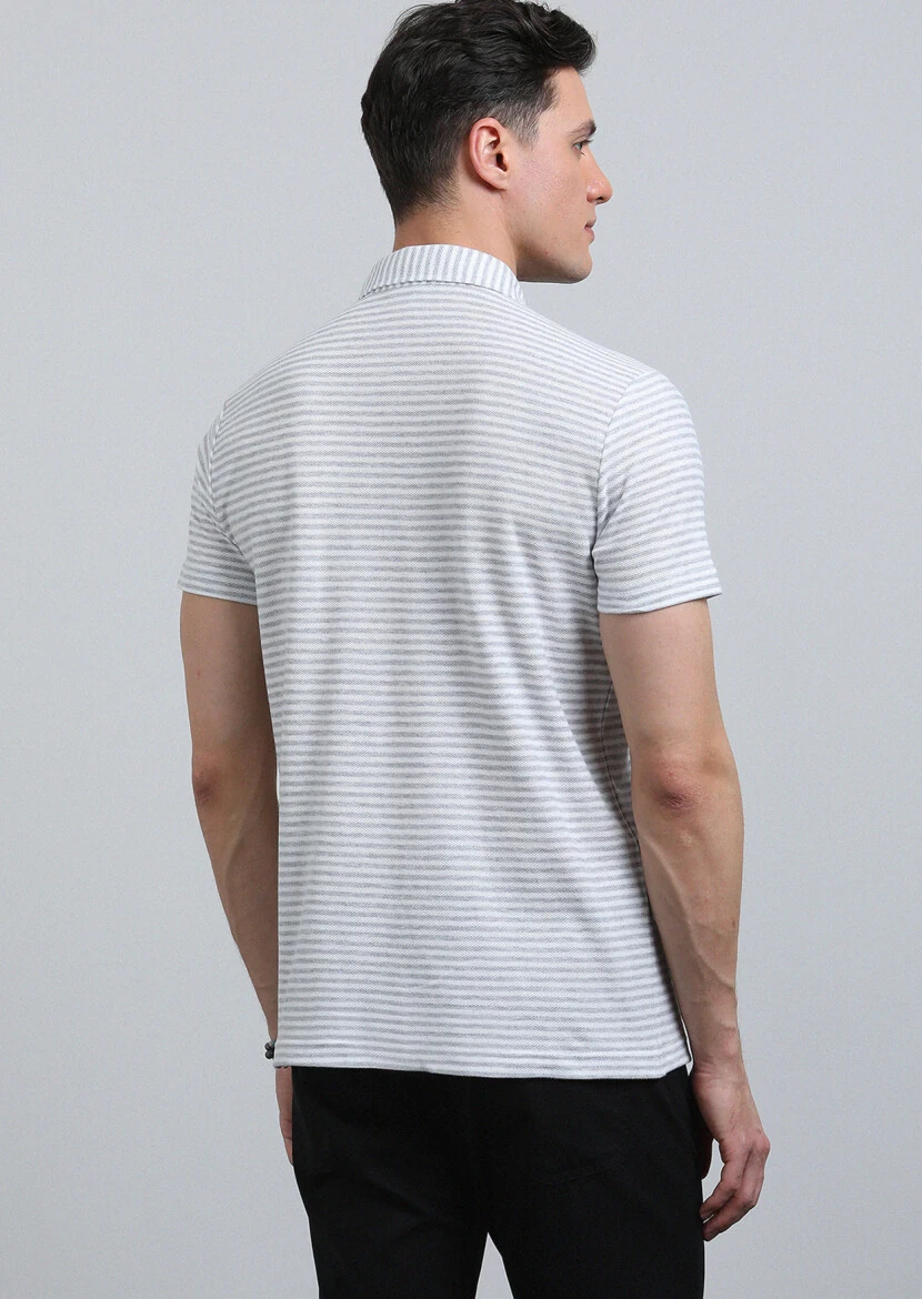 Grey Striped Polo Neck 100% Cotton T-Shirt - 5