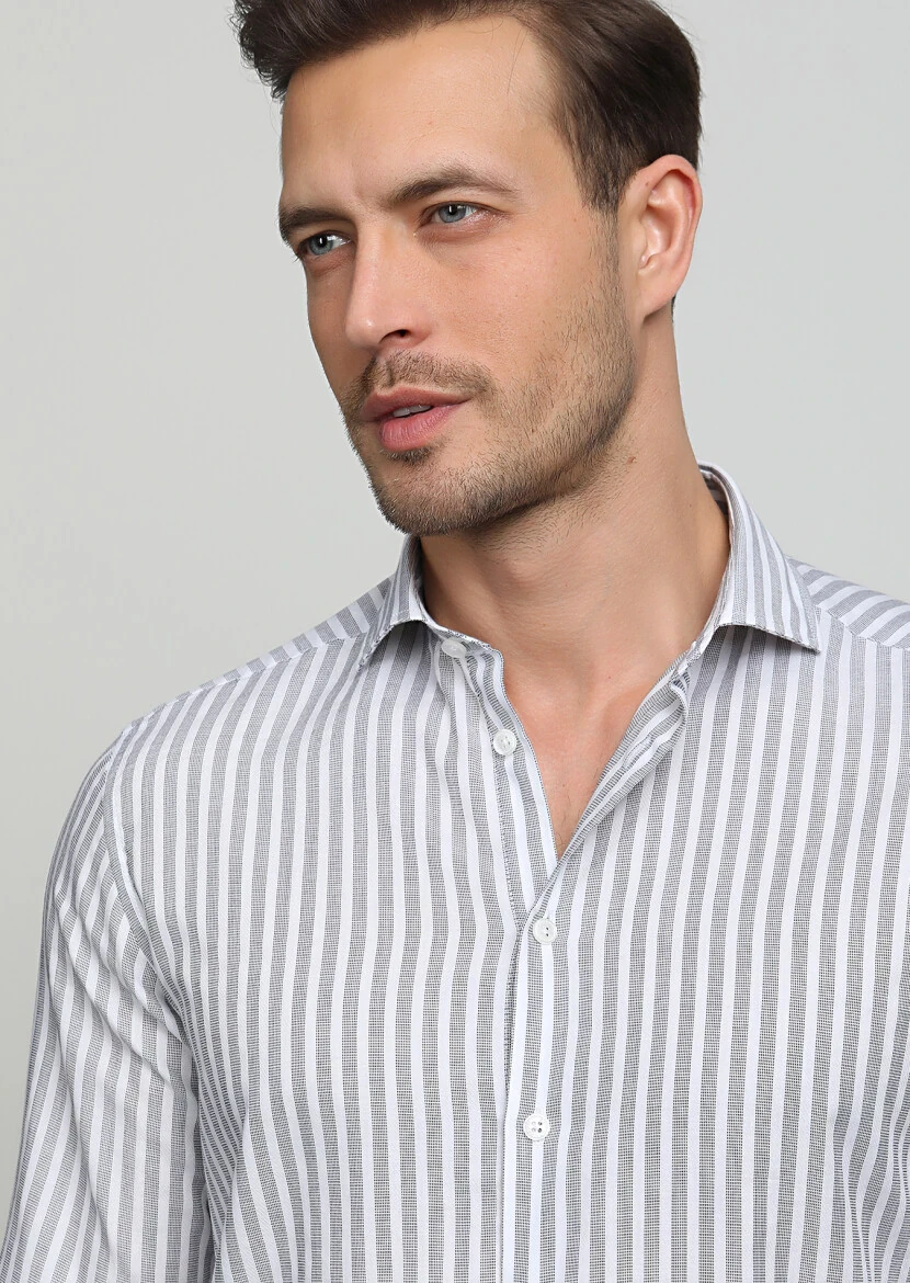 Grey Striped Regular Fit Weaving Casual 100% Cotton Shirt - 2