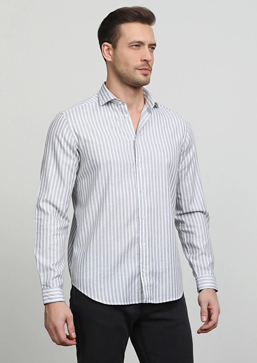 Grey Striped Regular Fit Weaving Casual 100% Cotton Shirt - 3