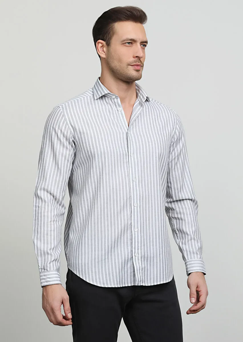 Grey Striped Regular Fit Weaving Casual 100% Cotton Shirt - 3