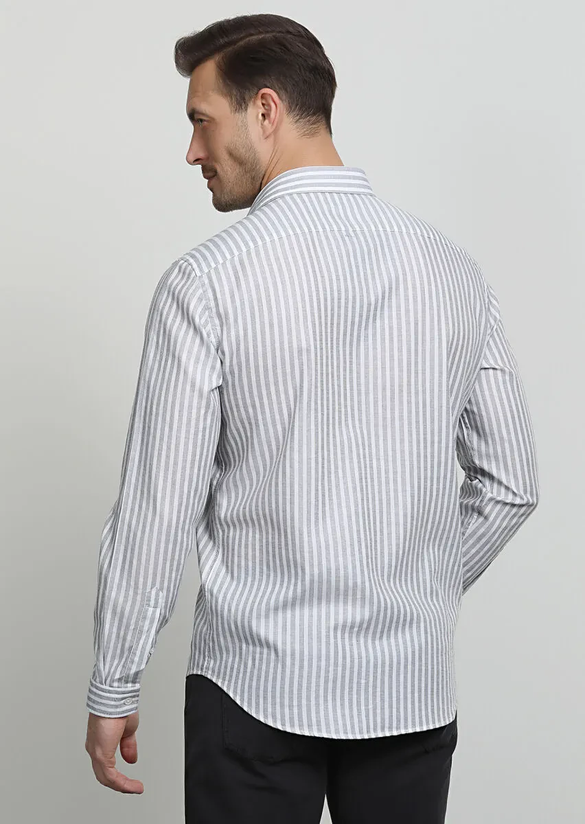 Grey Striped Regular Fit Weaving Casual 100% Cotton Shirt - 4