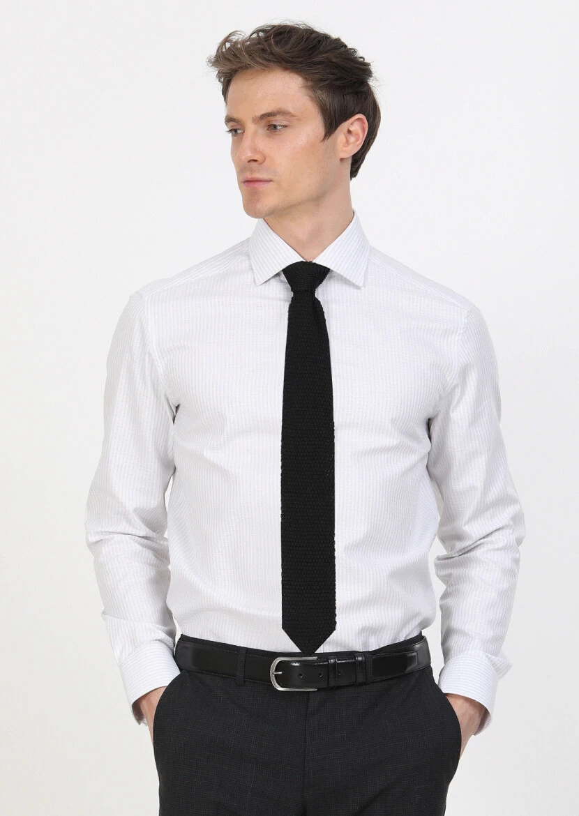 Grey Striped Regular Fit Weaving Classical 100% Cotton Shirt - 1