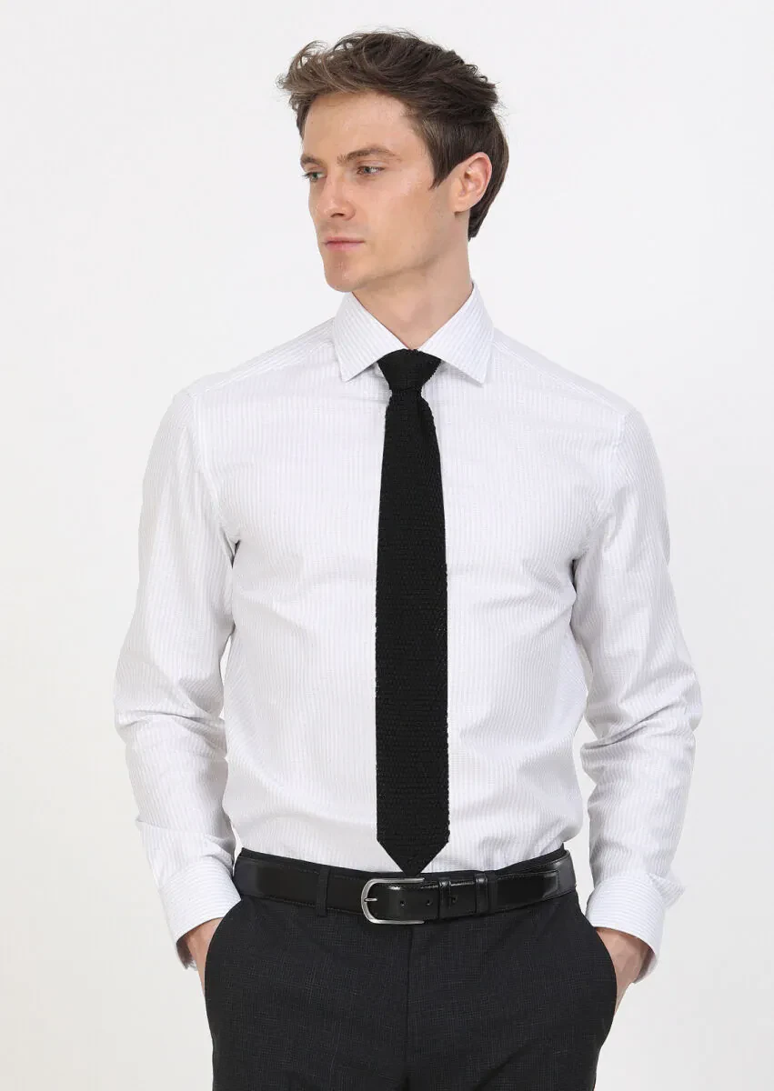 Grey Striped Regular Fit Weaving Classical 100% Cotton Shirt - 1