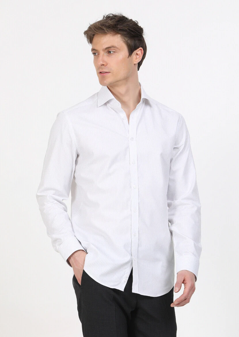 Grey Striped Regular Fit Weaving Classical 100% Cotton Shirt 