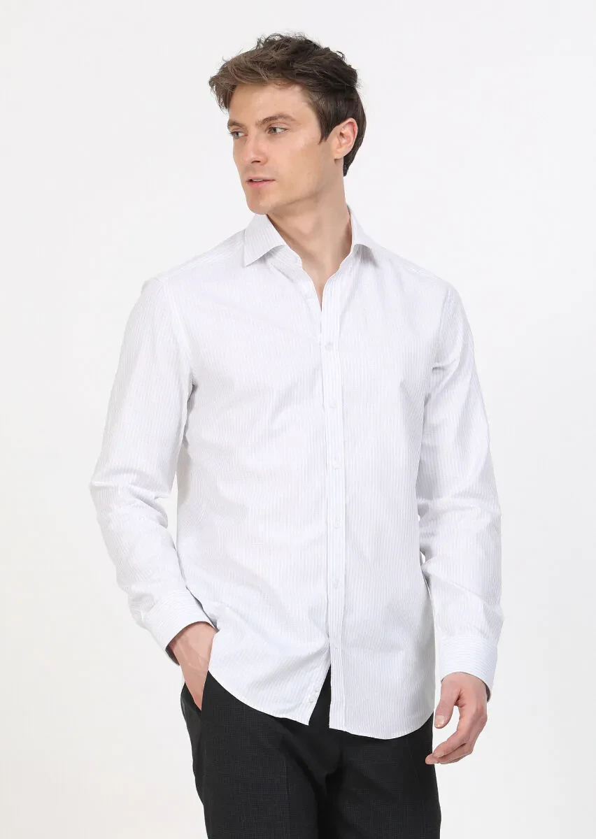 Grey Striped Regular Fit Weaving Classical 100% Cotton Shirt - 2
