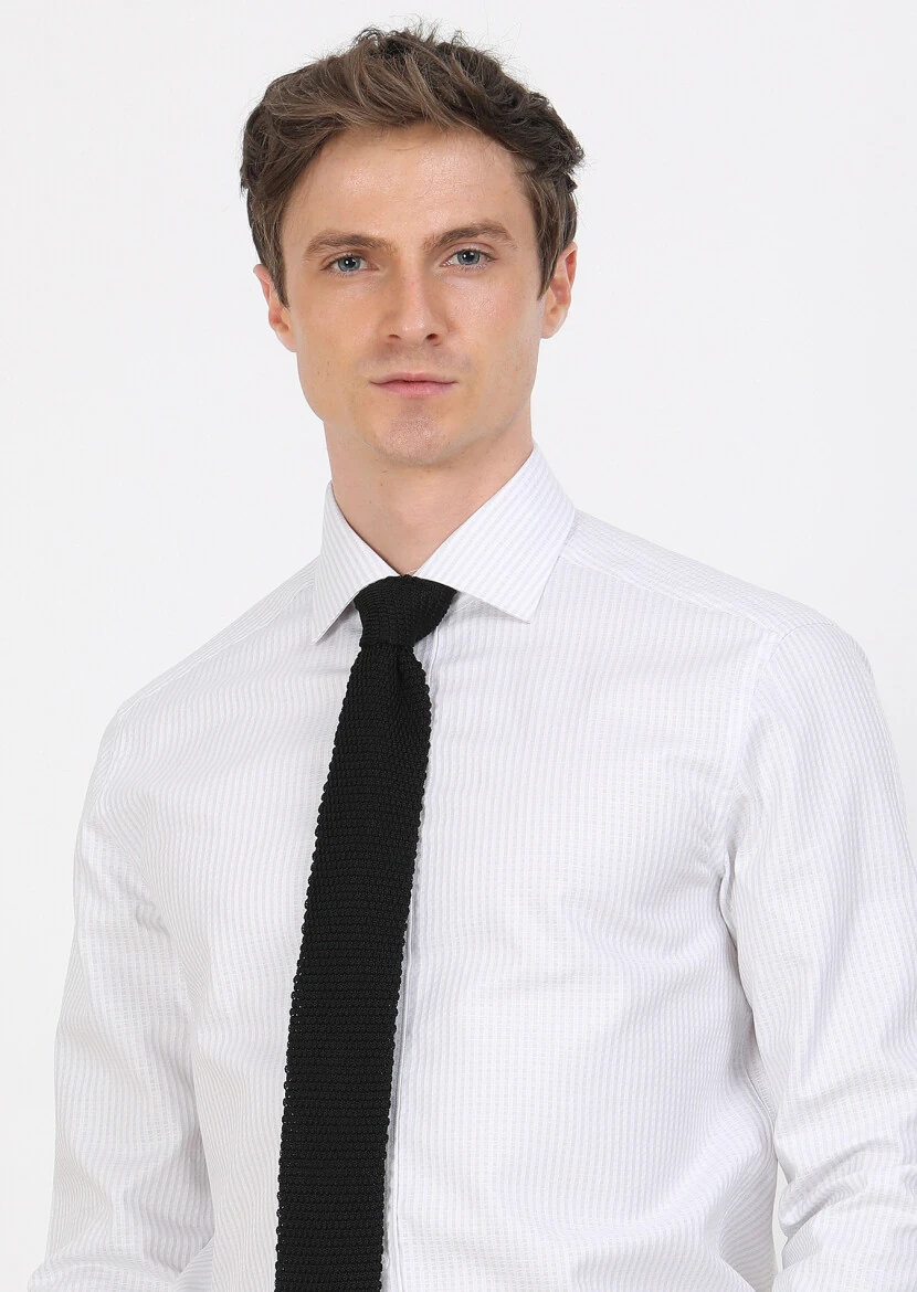 Grey Striped Regular Fit Weaving Classical 100% Cotton Shirt - 3