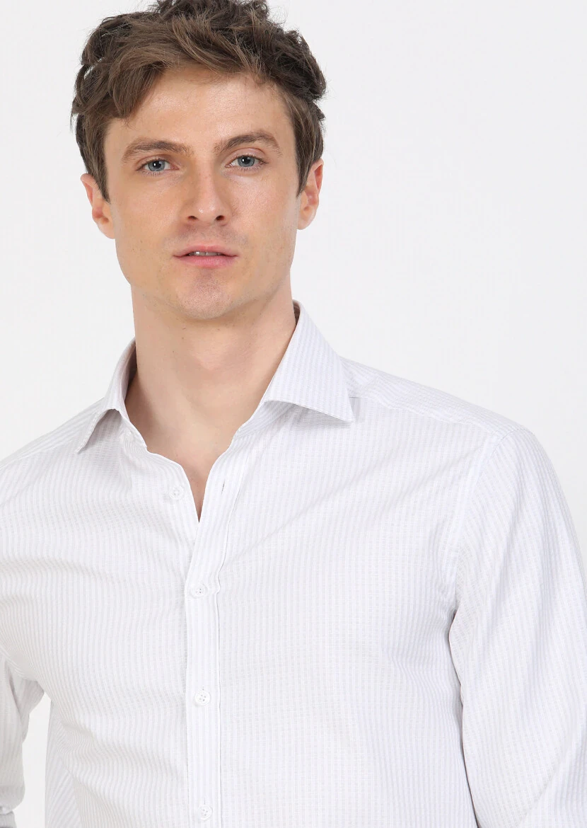 Grey Striped Regular Fit Weaving Classical 100% Cotton Shirt - 4