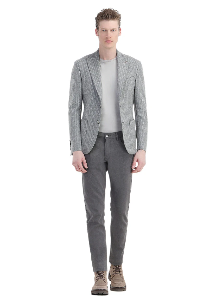 Grey Striped Shirt Shoulder Slim Fit Wool Blended Jacket - 2