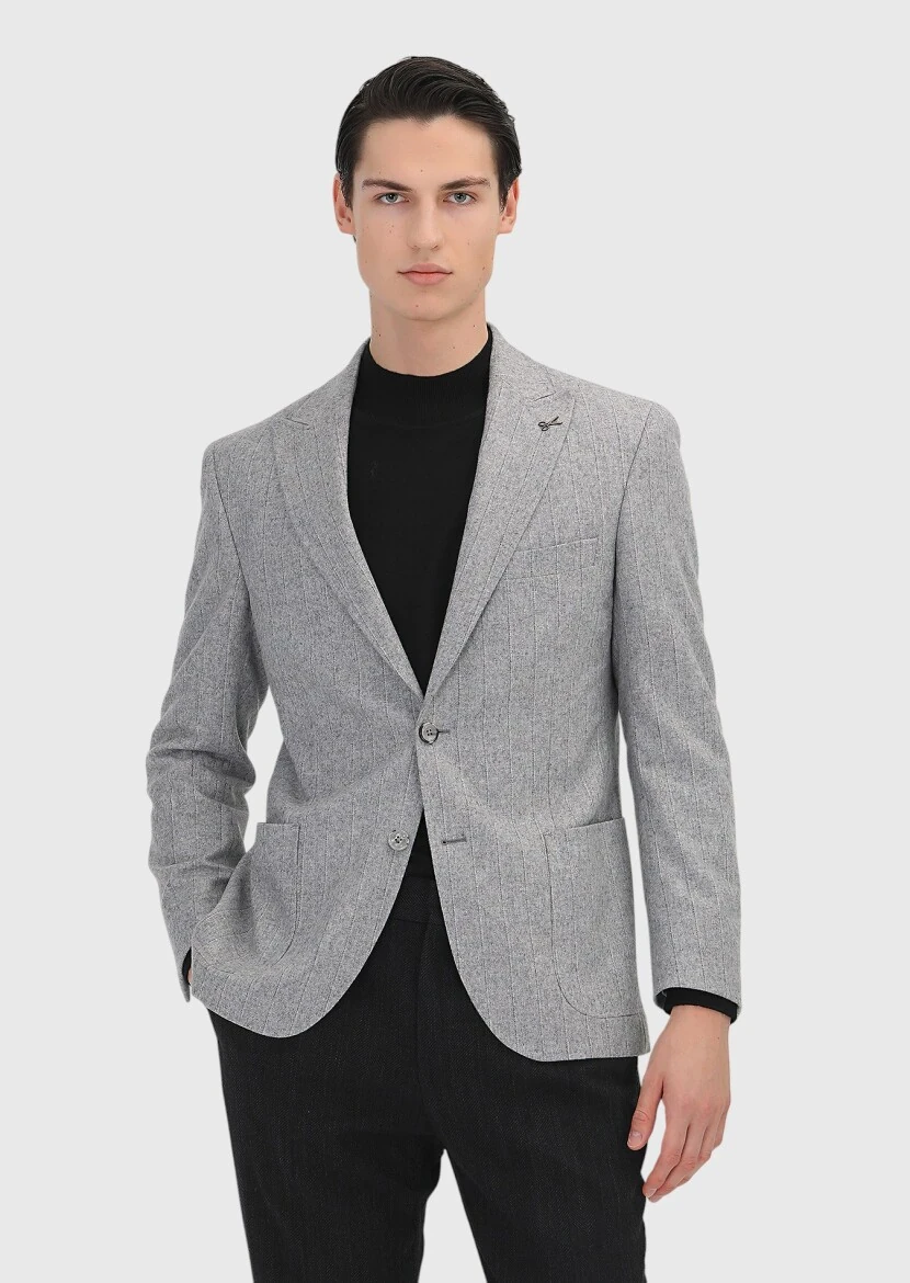 Grey Striped Shirt Shoulder Slim Fit Wool Blended Jacket - RAMSEY