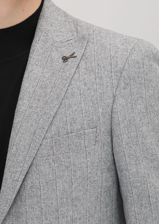 Grey Striped Shirt Shoulder Slim Fit Wool Blended Jacket - 3