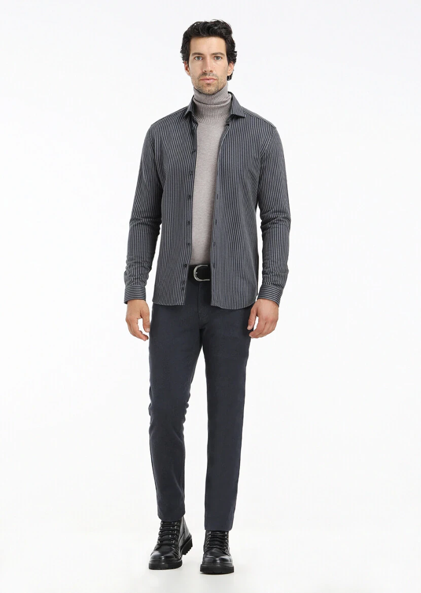 Grey Striped Slim Fit Knitting Casual 100% Cotton Shirt - 1