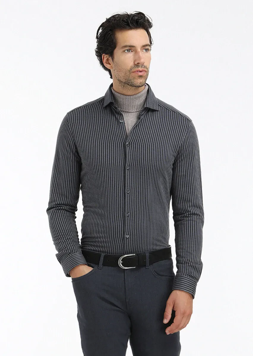 Grey Striped Slim Fit Knitting Casual 100% Cotton Shirt - 2