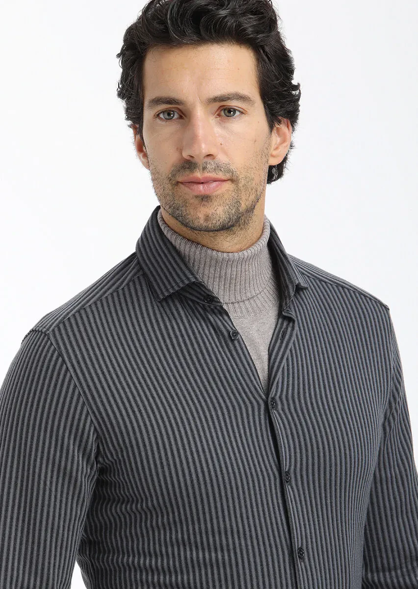 Grey Striped Slim Fit Knitting Casual 100% Cotton Shirt - 3