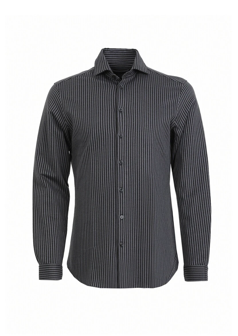 Grey Striped Slim Fit Knitting Casual 100% Cotton Shirt - 5