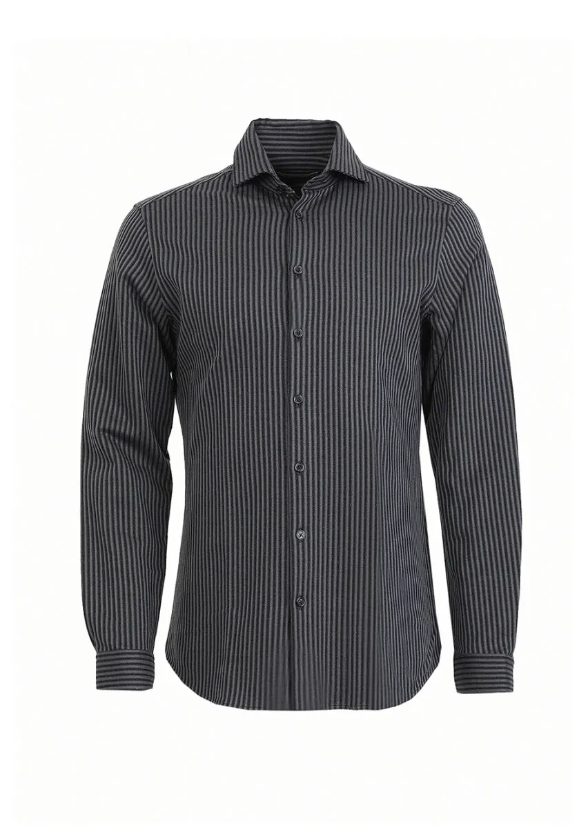 Grey Striped Slim Fit Knitting Casual 100% Cotton Shirt - 5