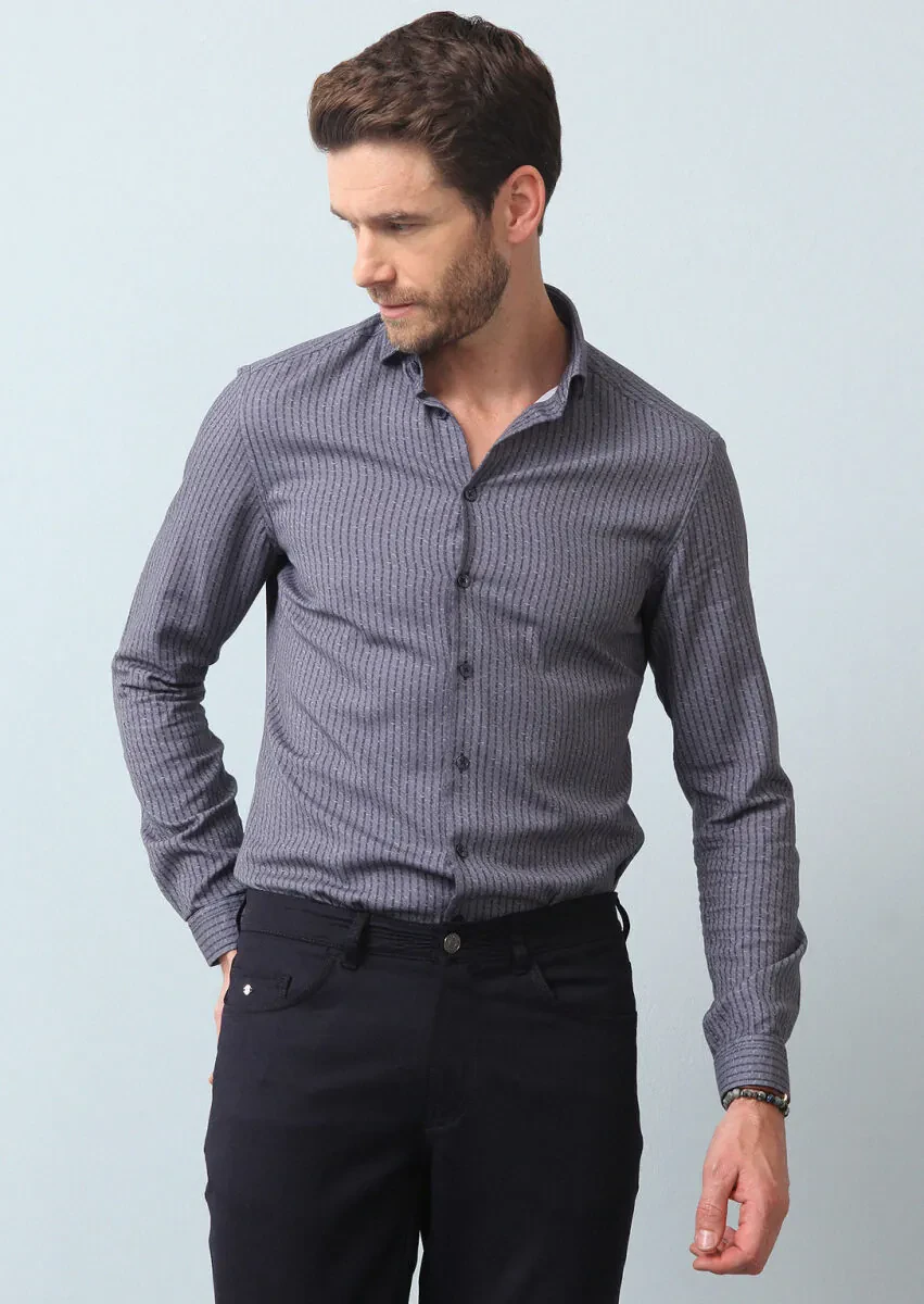 Grey Striped Slim Fit Weaving Casual 100% Cotton Shirt - 2