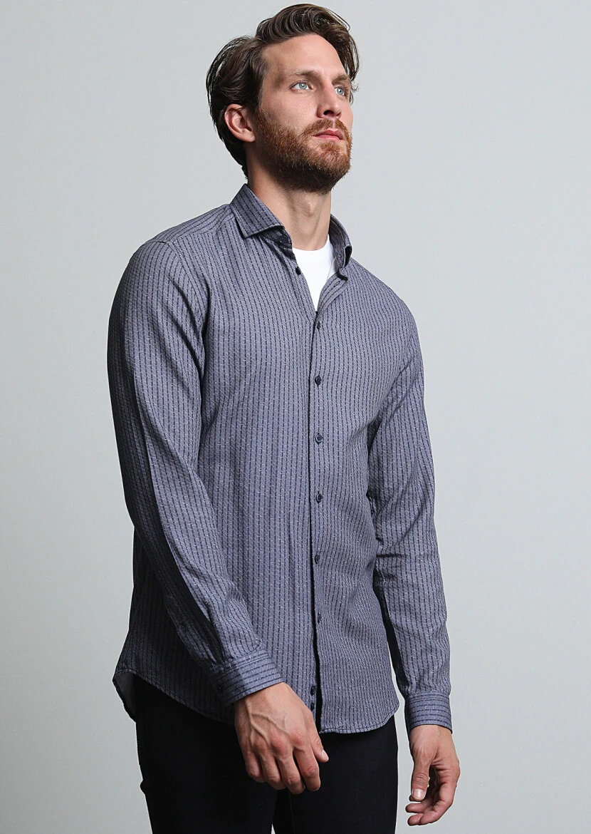 Grey Striped Slim Fit Weaving Casual 100% Cotton Shirt - 3