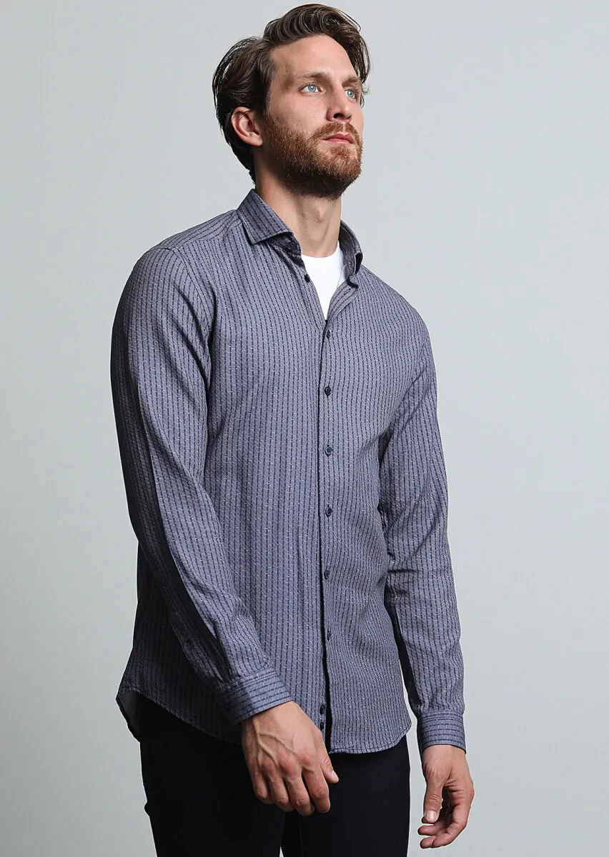 Grey Striped Slim Fit Weaving Casual 100% Cotton Shirt - 3
