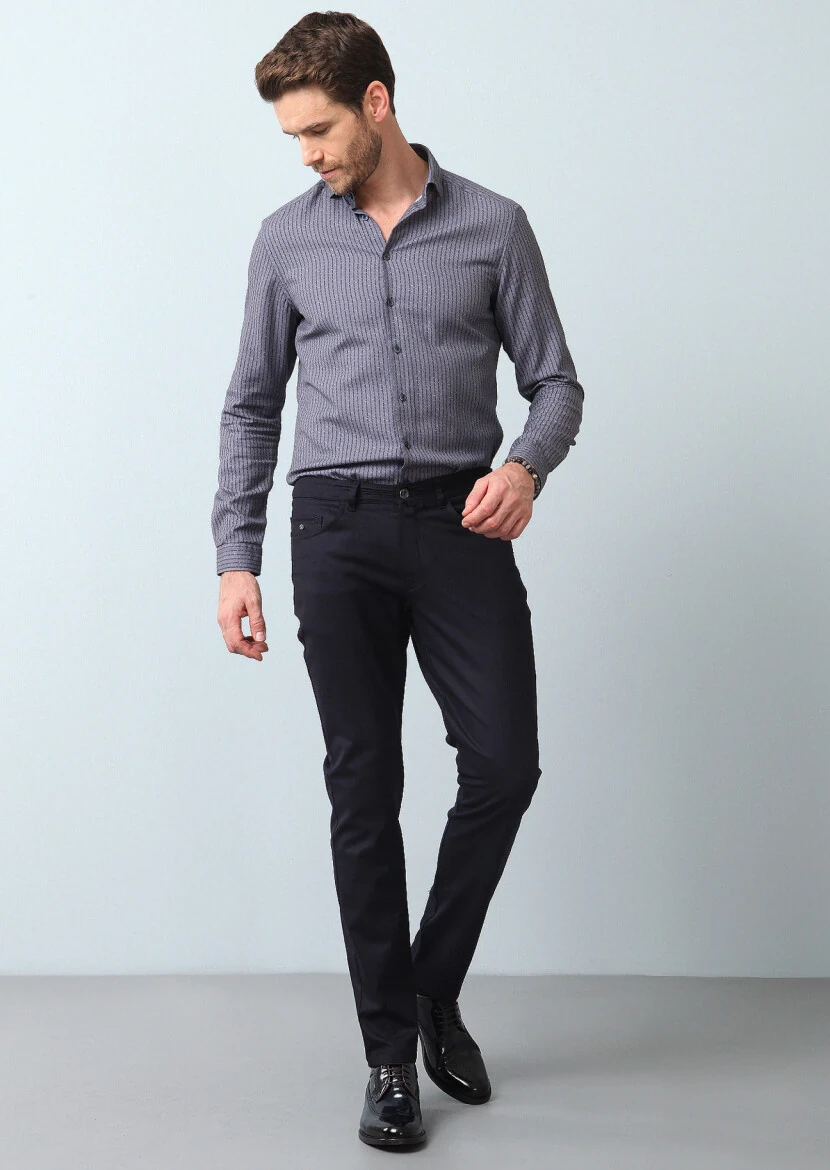 Grey Striped Slim Fit Weaving Casual 100% Cotton Shirt - 4