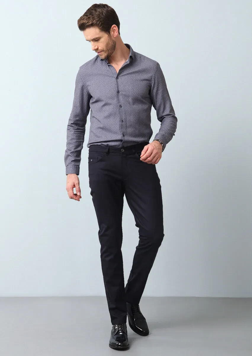 Grey Striped Slim Fit Weaving Casual 100% Cotton Shirt - 4