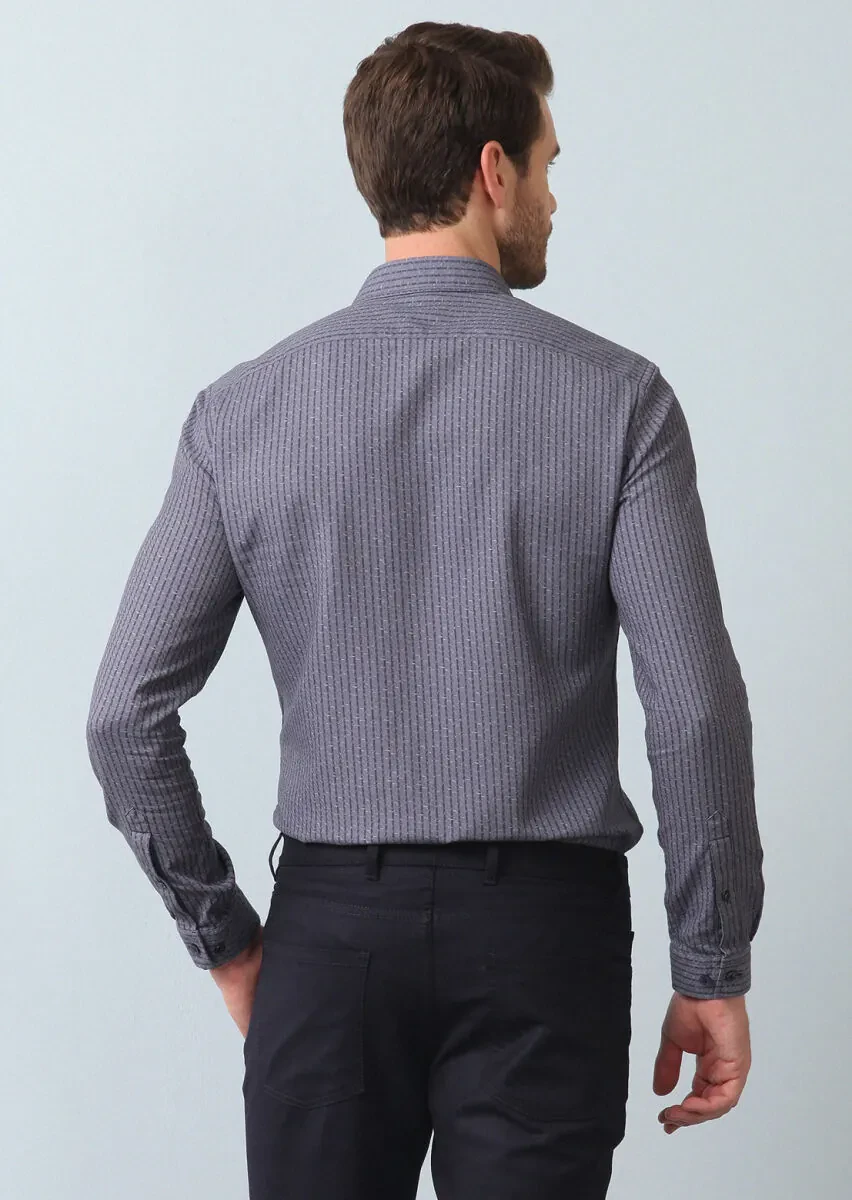 Grey Striped Slim Fit Weaving Casual 100% Cotton Shirt - 5