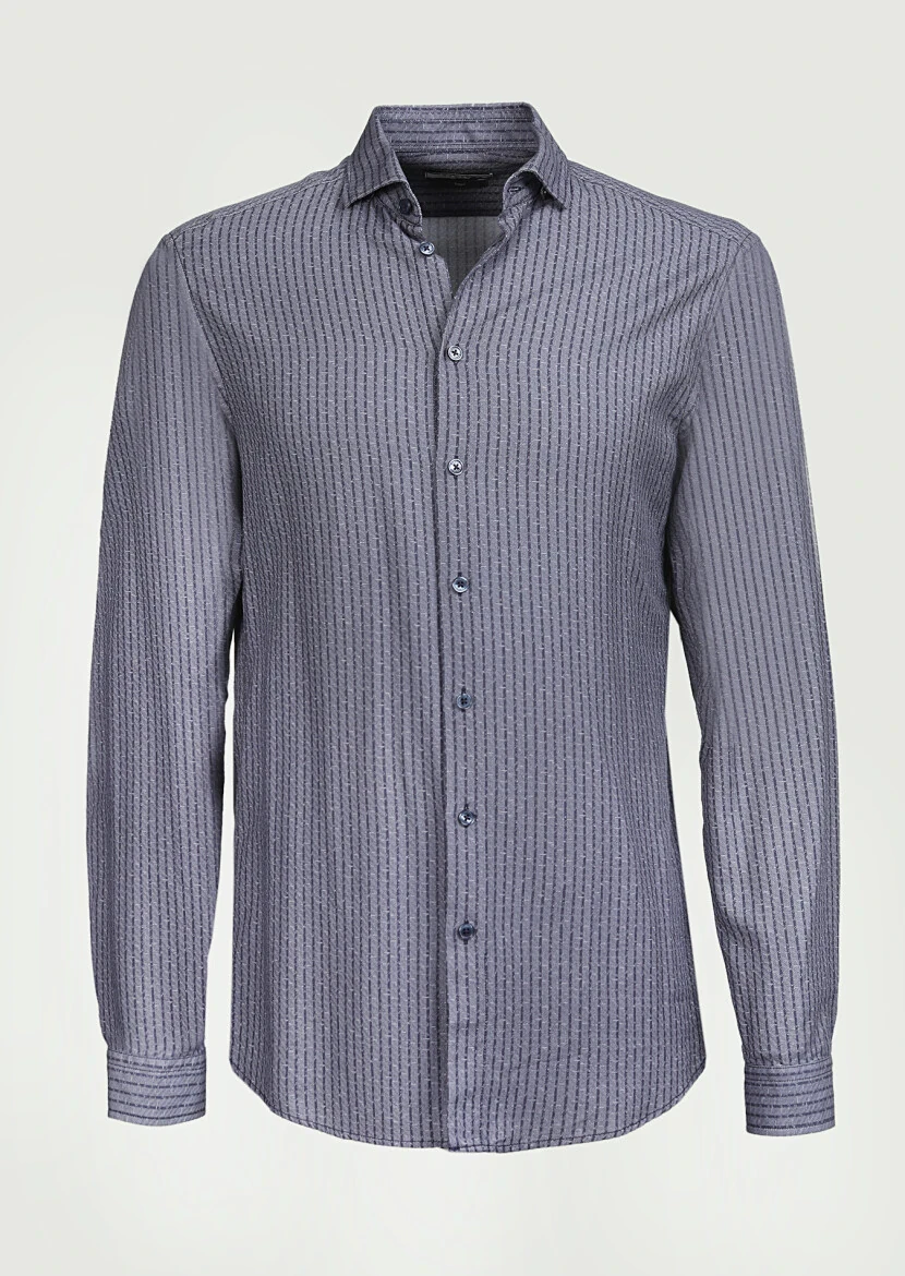 Grey Striped Slim Fit Weaving Casual 100% Cotton Shirt - 6