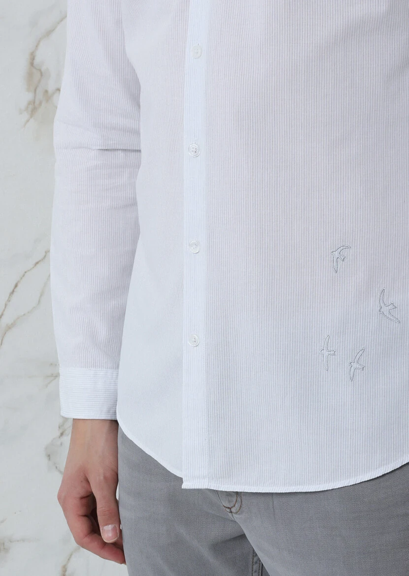 Grey Striped Slim Fit Weaving Casual Cotton Blended Shirt - 4