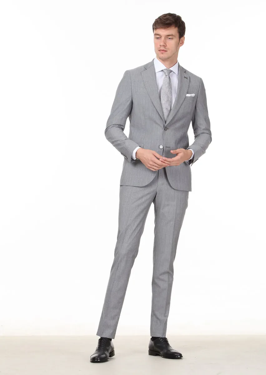 Grey Striped Thin&Taller Slim Fit 100% Wool Suit - 1