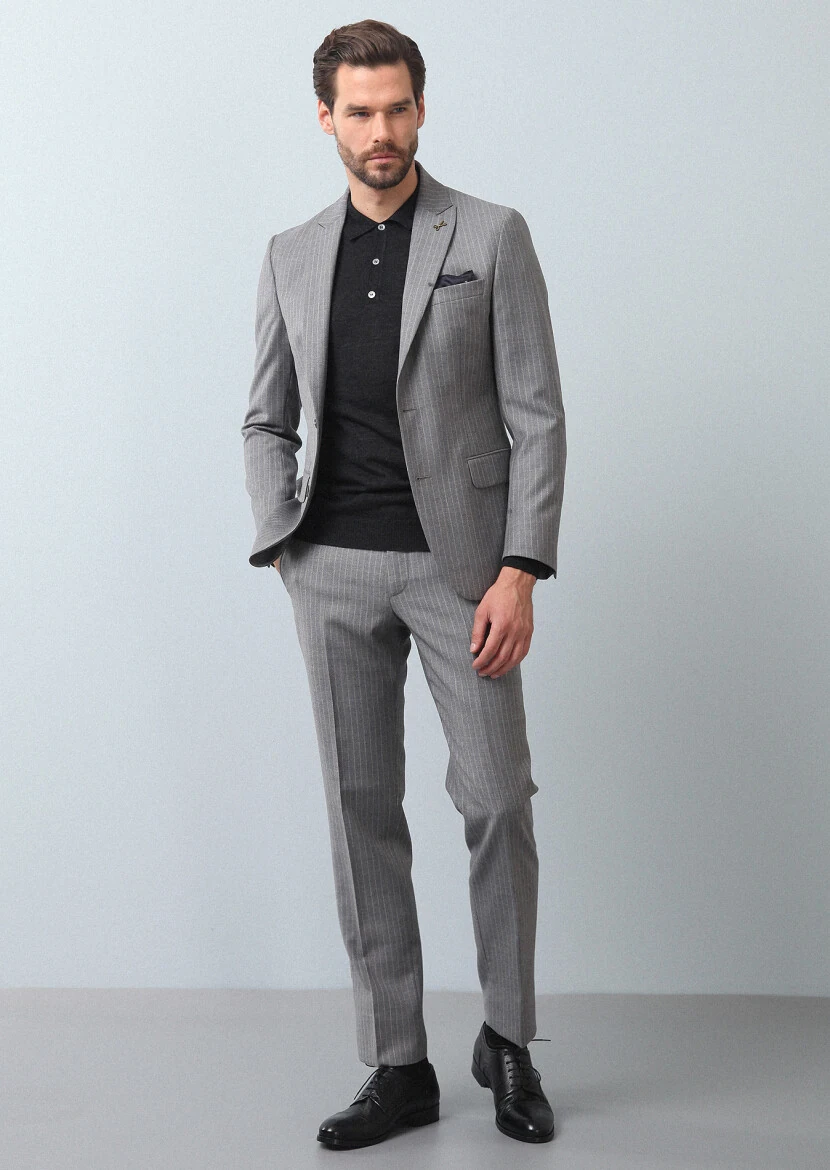 Grey Striped Zeroweight Slim Fit 100% Wool Suit - 3